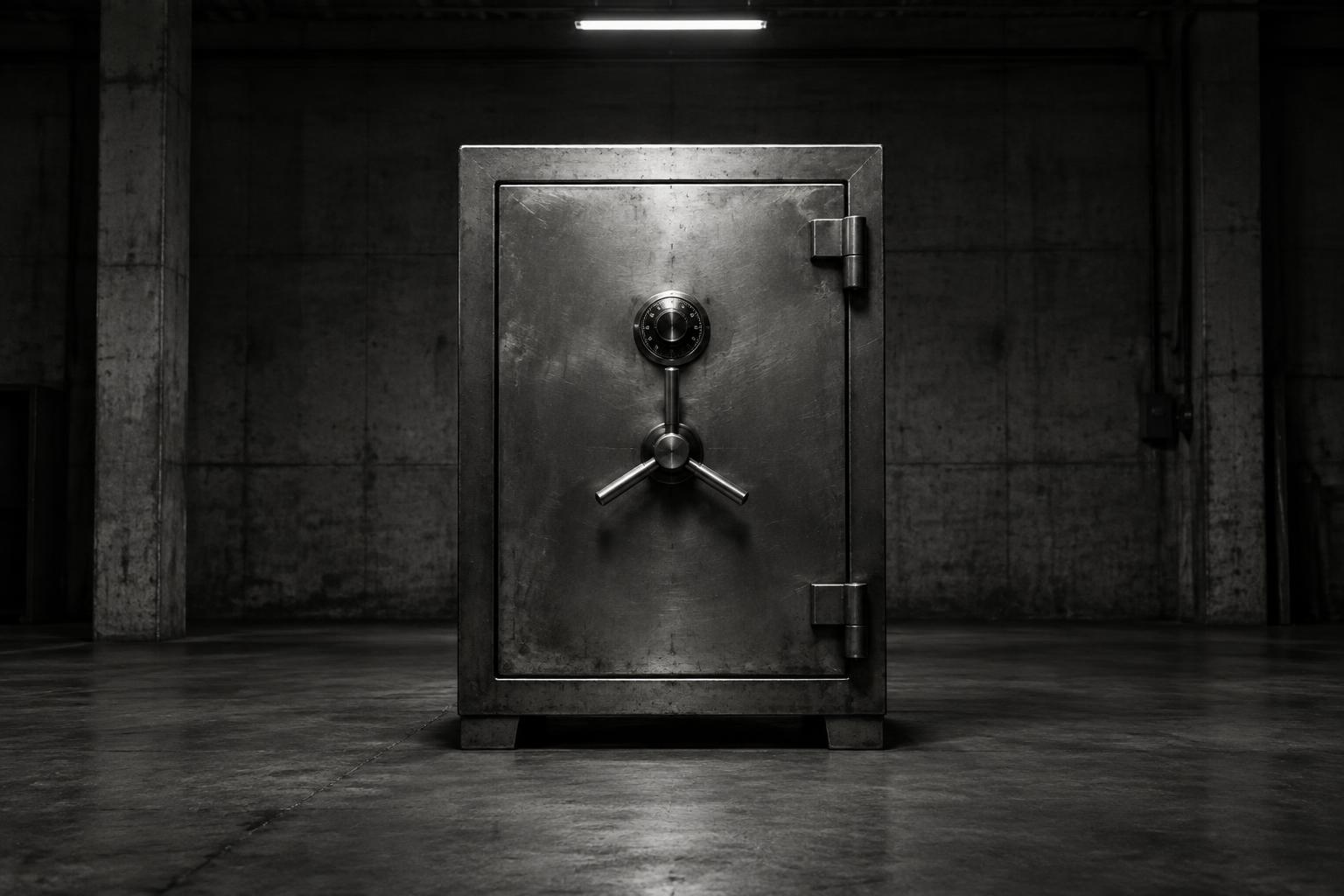 A closed steel safe in the TRAP FUND vault